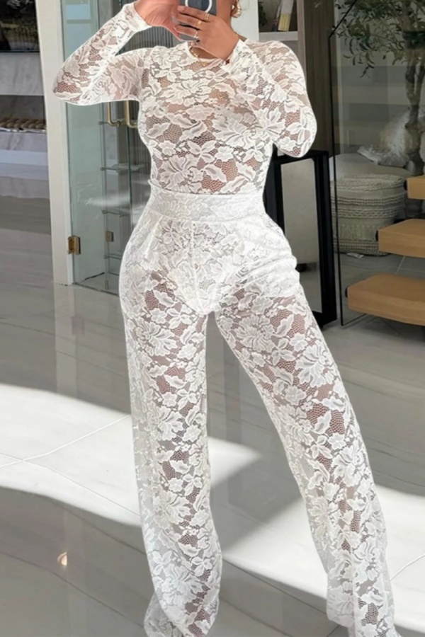 White Sexy Solid Color Lace Patchwork See-Through O Neck Long Sleeve Two Pieces