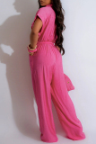 Rose Red Casual Solid Color Pocket Patchwork Turndown Collar Regular Jumpsuits