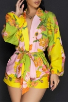 Yellow Casual Floral Print With Belt Turndown Collar Regular Rompers