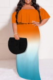 Grey Sexy Gradient Print Ruffle Contrast Off Shoulder One Step Skirt Plus Size Dresses