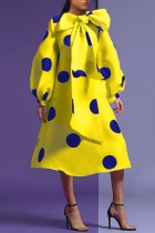 Yellow Elegant Print Polka Dot Patchwork With Belt With Bow O Neck A Line Dresses(Contain The Belt)