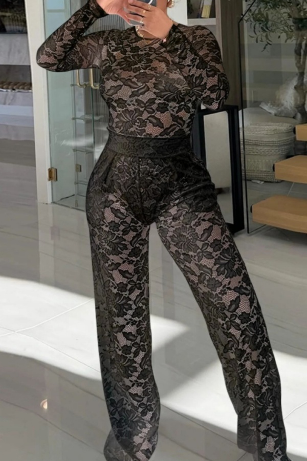 Black Sexy Solid Color Lace Patchwork See-Through O Neck Long Sleeve Two Pieces