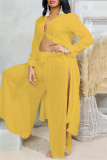 White Casual Solid Color Buttons Slit Turndown Collar Long Sleeve Two Pieces