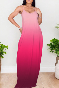 Pink Elegant Gradient Print Patchwork Backless Spaghetti Strap Sling Dresses