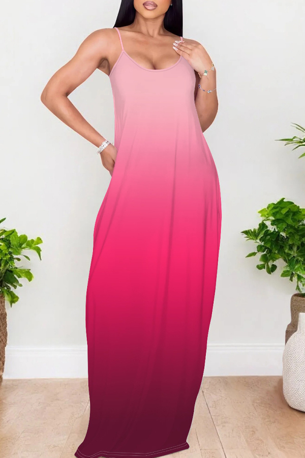 Pink Elegant Gradient Print Patchwork Backless Spaghetti Strap Sling Dresses