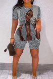 Blue Red Casual Print Basic O Neck Short Sleeve Two Pieces