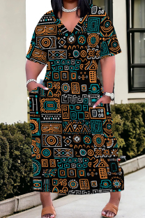 White Blue Casual Print Pocket Patchwork V Neck Straight Plus Size Dresses