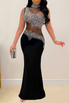 Black Sexy Patchwork Hot Drilling See-Through Backless Turtleneck Long Dresses