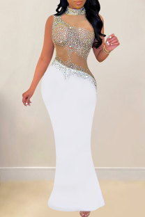 White Sexy Patchwork Hot Drilling See-Through Backless Turtleneck Long Dresses