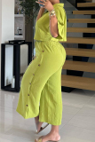 Brown Casual Solid Color Buckle Patchwork Turndown Collar Half Sleeve Two Pieces