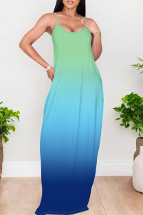 Green Blue Elegant Gradient Print Patchwork Backless Spaghetti Strap Sling Dresses