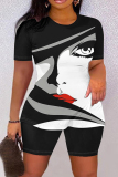 Blue Red Casual Print Basic O Neck Short Sleeve Two Pieces