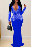 Blue Sexy Solid Color Patchwork Hot Drill Deep V Neck Long Dresses