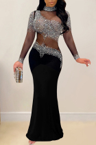 Black Sexy Patchwork Hot Drilling See-Through Turtleneck Long Dresses