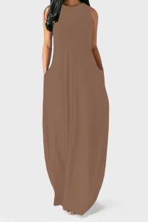 Brown Casual Solid Color Pocket O Neck Vest Dresses