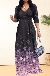 Black Purple Casual Print Patchwork Strap Design V Neck Long Plus Size Dresses