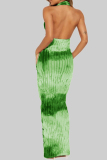 Tangerine Red Elegant Tie Dye Hollow Out Patchwork Backless Deep V Neck Long Dresses