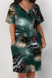 Dark Blue Casual Landscape printing Pocket V Neck Printed Plus Size Dresses