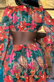 Pink Sexy Print Strap Design Patchwork V Neck Long Sleeve Two Pieces