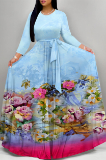 Light Blue Elegant Floral Print Lace Up O Neck Printed Dresses