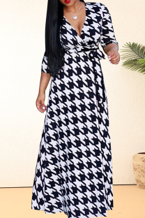 White Black Casual Print Patchwork Strap Design V Neck Long Plus Size Dresses