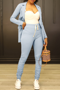 Blue Casual Solid Color Lace Up Patchwork Turn-back Collar Long Sleeve Two Pieces