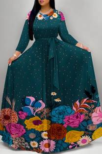 Ink Green Elegant Floral Print Lace Up O Neck Printed Dresses
