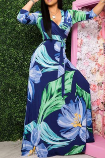 Blue Casual Print Patchwork Strap Design V Neck Long Plus Size Dresses