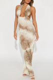 Tangerine Red Elegant Tie Dye Hollow Out Patchwork Backless Deep V Neck Long Dresses