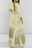 Beige Elegant Floral Print Lace Up O Neck Printed Dresses