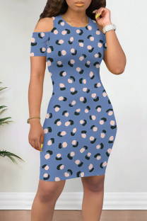 Blue Celebrities Print Hollow Out Patchwork O Neck Wrapped Skirt Dresses
