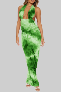 Green Elegant Tie Dye Hollow Out Patchwork Backless Deep V Neck Long Dresses