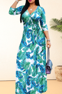 Turquoise Casual Print Patchwork Strap Design V Neck Long Plus Size Dresses