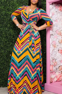 Multicolor Casual Print Patchwork Strap Design V Neck Long Plus Size Dresses