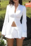 White Sexy Solid Color Patchwork Ruched Zipper Zipper Collar Long Sleeve Two Pieces
