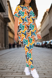 Multicolor Casual Print Patchwork O Neck Short Sleeve Two Pieces