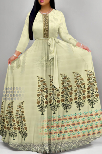 Beige Elegant Floral Print Lace Up O Neck Printed Dresses