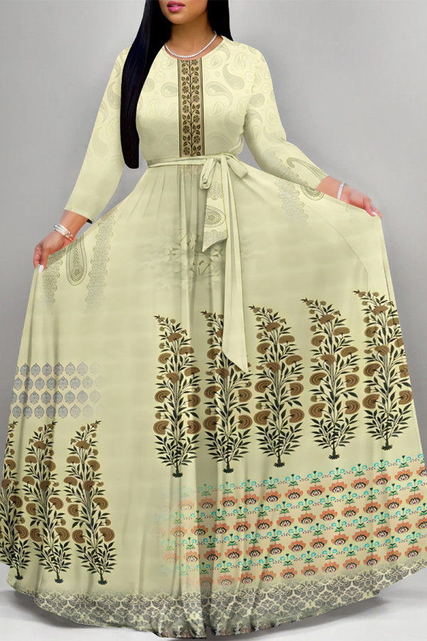 Beige Elegant Floral Print Lace Up O Neck Printed Dresses
