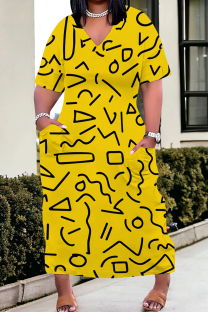 Yellow Casual Print Pocket Patchwork V Neck Straight Plus Size Dresses