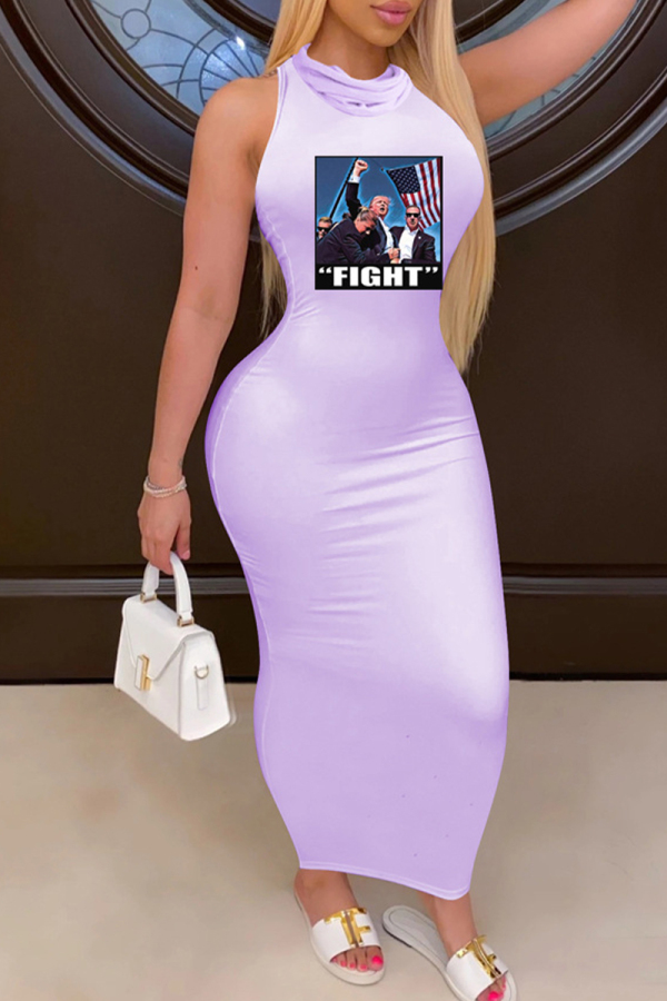 Purple Sexy Print Patchwork O Neck Long Dresses