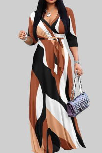 Brown Casual Print Patchwork Strap Design V Neck Long Plus Size Dresses