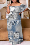 Blue Casual Print Patchwork Off Shoulder Long Plus Size Dresses