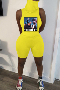 Yellow Sexy Print Patchwork Turtleneck Sleeveless Two Pieces