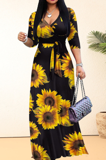 Black Yellow Casual Print Patchwork Strap Design V Neck Long Plus Size Dresses