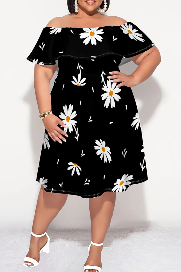 Black And White Sexy Print Patchwork Backless Off Shoulder A Line Plus Size Dresses