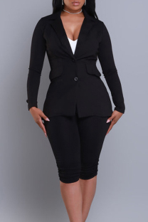 Black Casual Solid Color Buttons Patchwork Turn-back Collar Long Sleeve Two Pieces