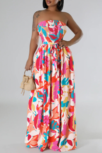 Colour Celebrities Print Patchwork Ruched Strap Design Strapless Loose Jumpsuits