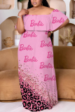 Blue Casual Print Patchwork Off Shoulder Long Plus Size Dresses