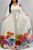 Beige Elegant Floral Print Lace Up O Neck Printed Dresses