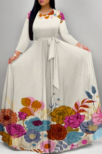 Cream White Elegant Floral Print Lace Up O Neck Printed Dresses